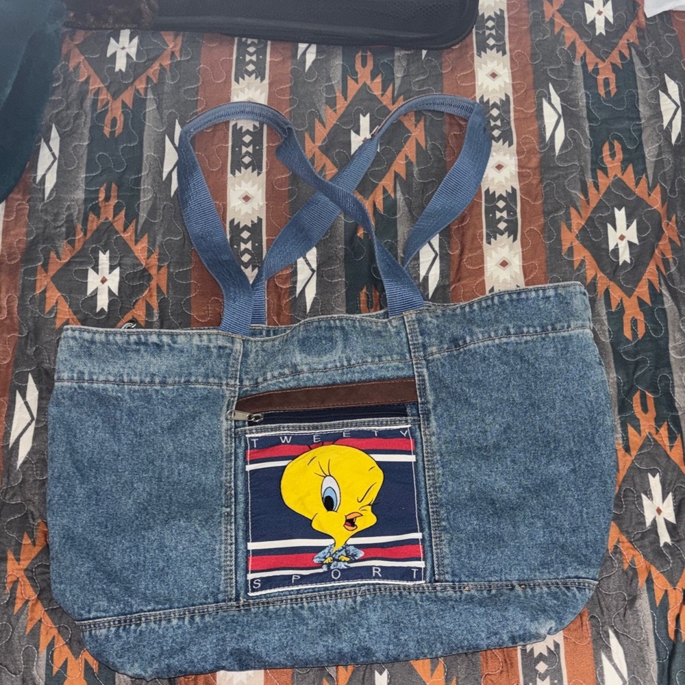 Tweety Denim Tote Bag with Front Pocket